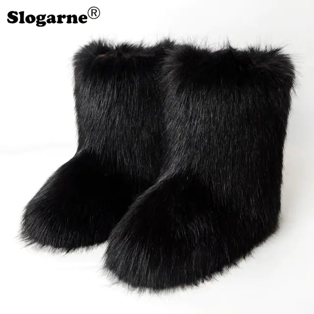 Fluffy Fox Fur Boots Black 40