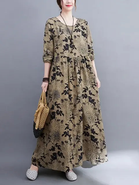 Floral Print Long Sleeve Dresses Coffee XL