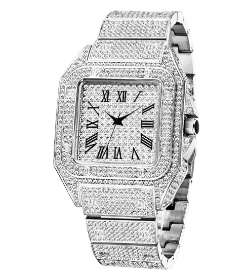 MISSFOX Ice Out Square Watch For Men V324 Silver