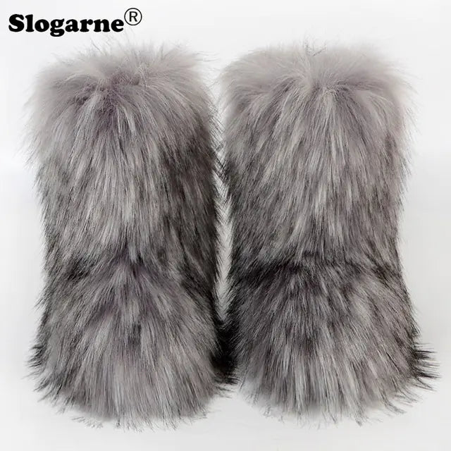 Fluffy Fox Fur Boots Light Grey 35