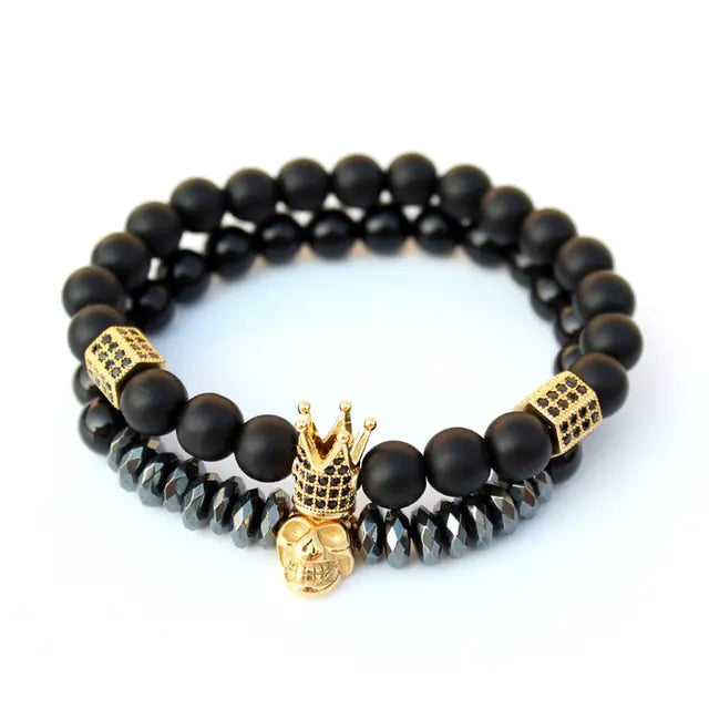 Matte Oxyn Stone Beads Bracelet Black Gold Set