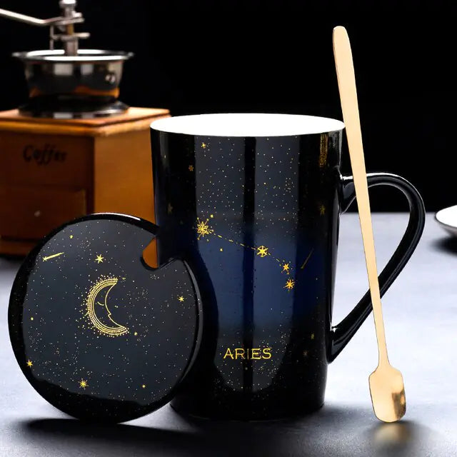 12 Constellations Creative Mugs With Spoon Aries Black 420ml