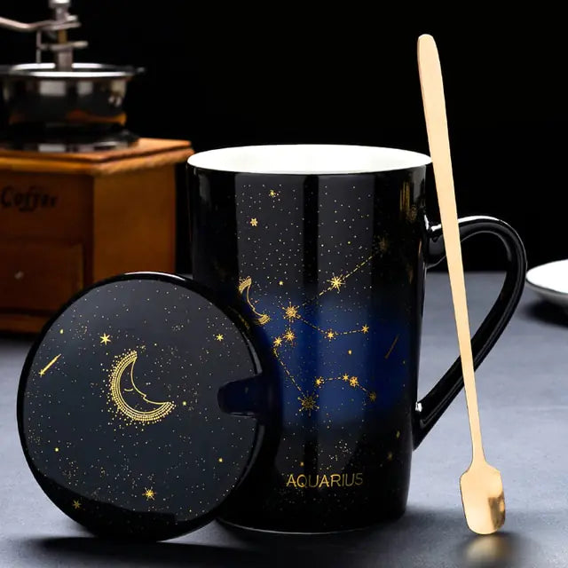 12 Constellations Creative Mugs With Spoon Aquarius Black 420ml