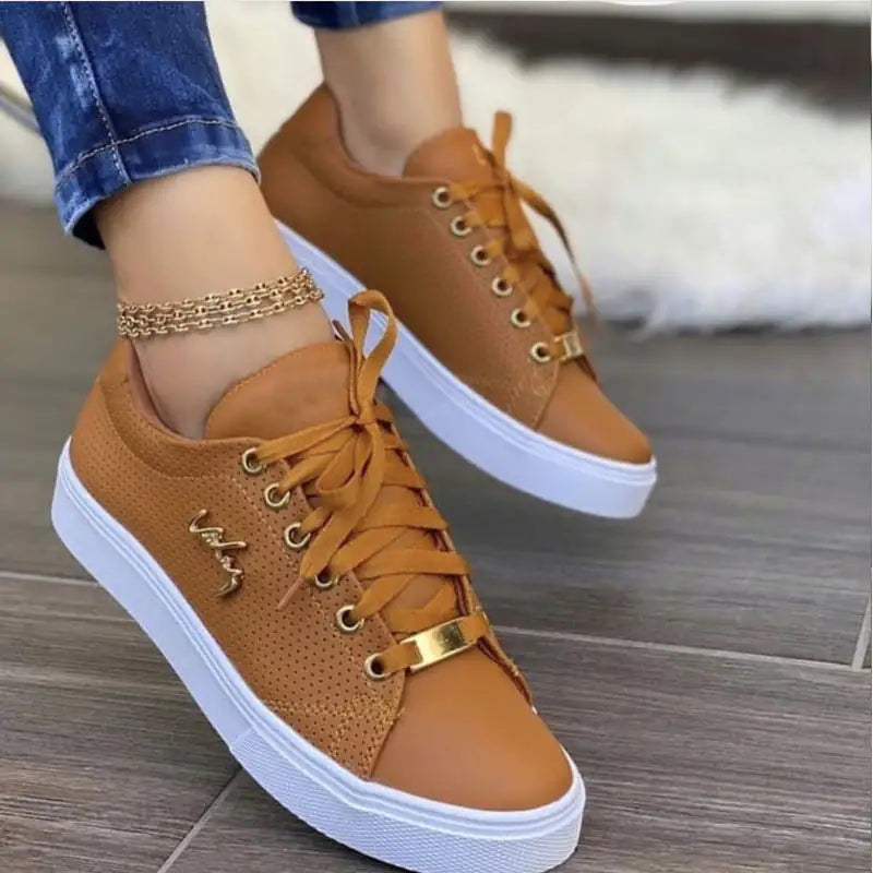 Women Flat Sneakers Breathable Lace-up Shoes For Girls Brown Size40