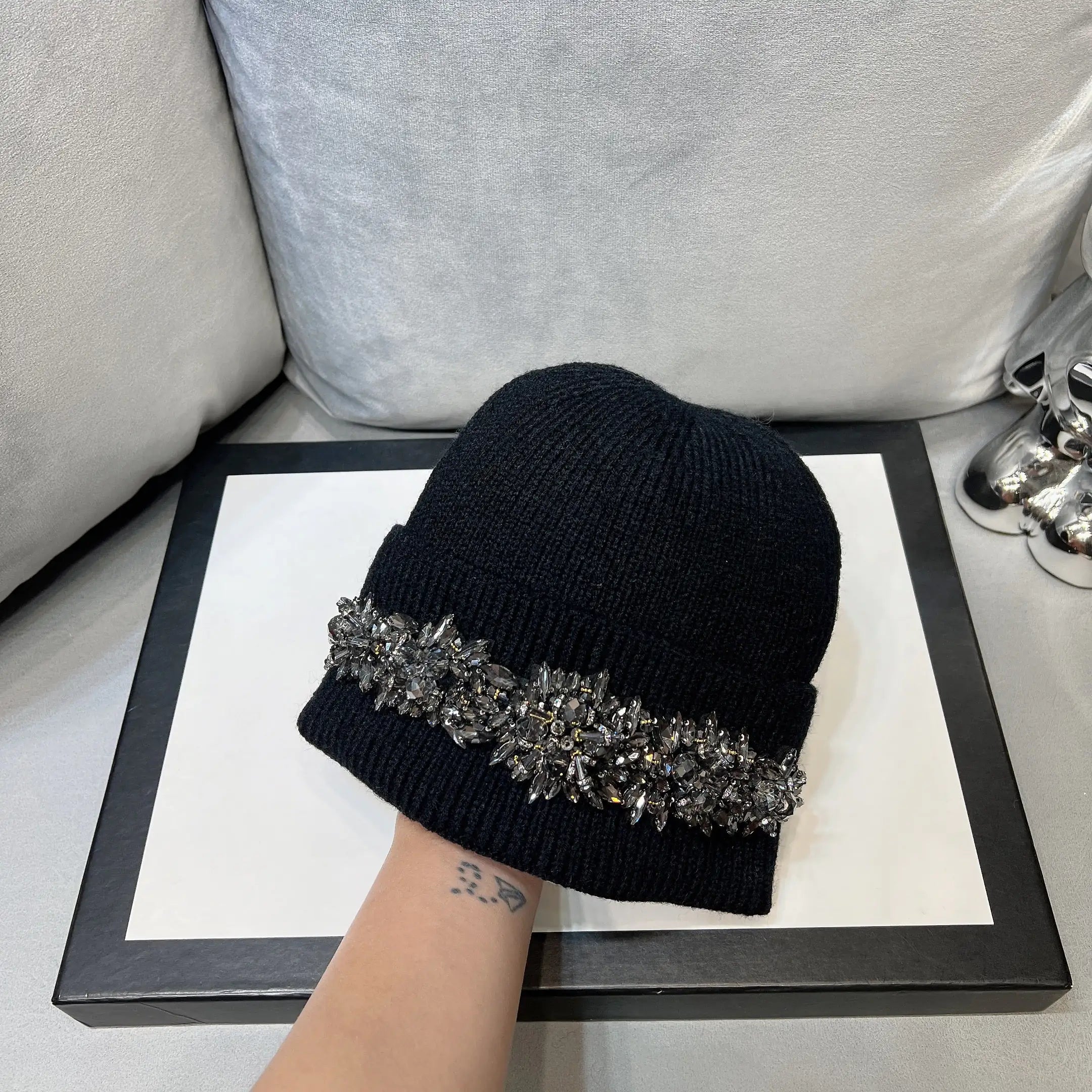 Stylish Woolen Rhinestone Hats Black Upgrade Has Elasticity