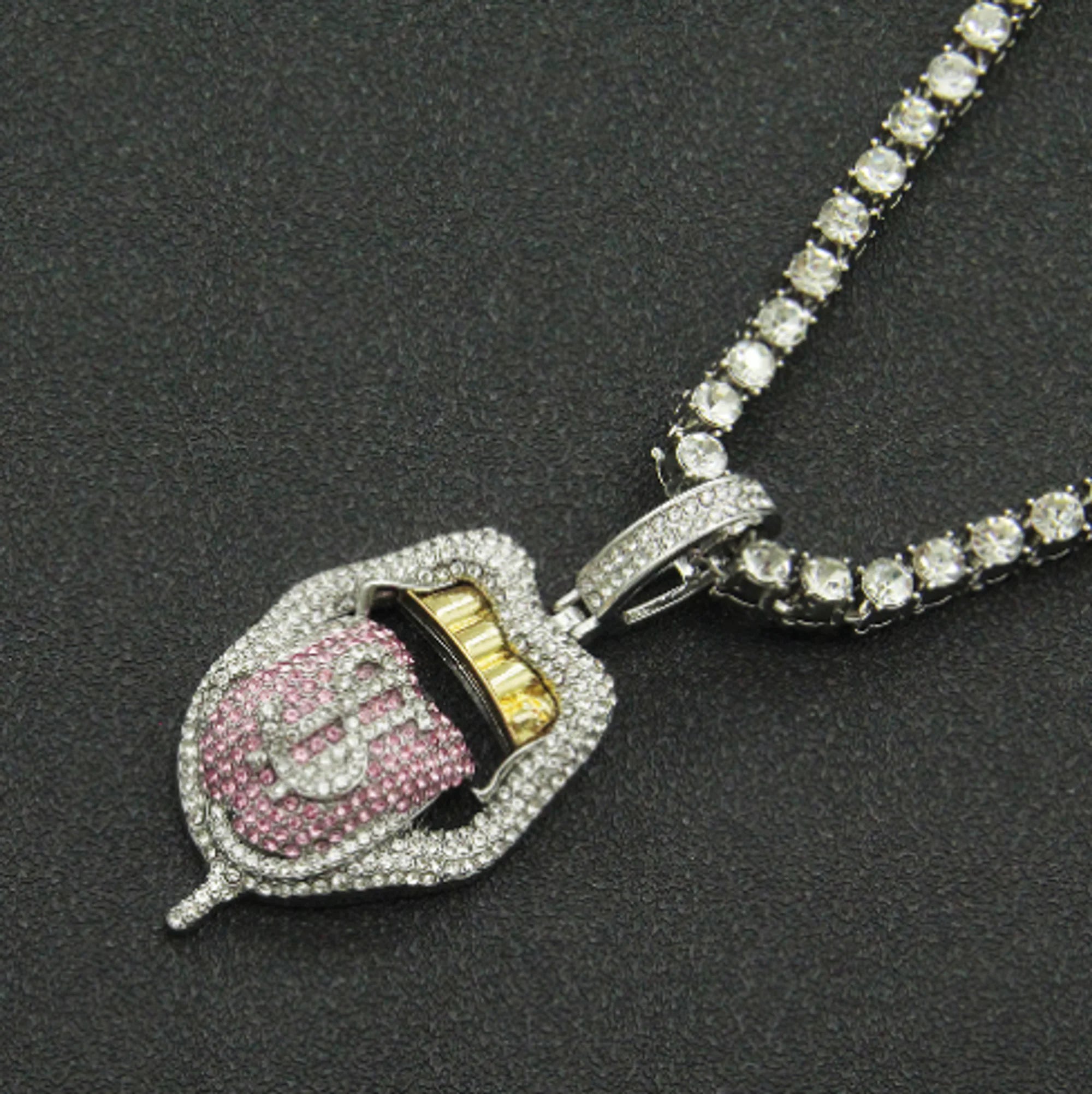 Dollar Tongue Shape Pendant with Pink Crystal Cuban Chain Style 1 50cm