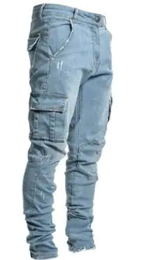 Men's Side Pockets Skinny Jeans Light Blue 3XL