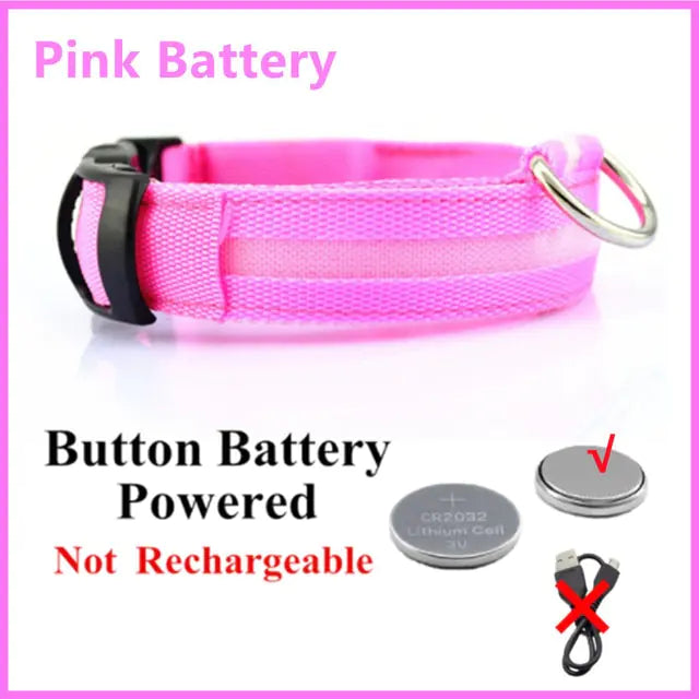 LED Glowing Adjustable Dog Collar Pink Button Battery XXL Neck 43-62 CM