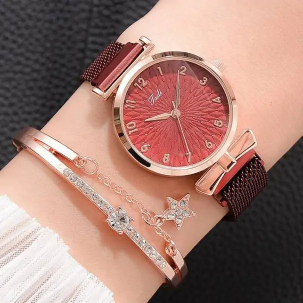 Luxury Magnetic Quartz Bracelet Watches Magnet Red Set