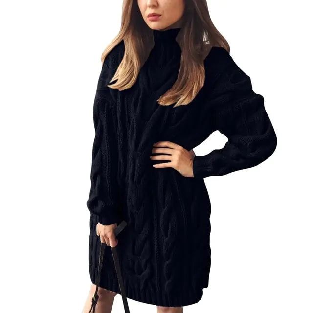 Turtleneck Twist Knitted Sweater Dress Black2 XL