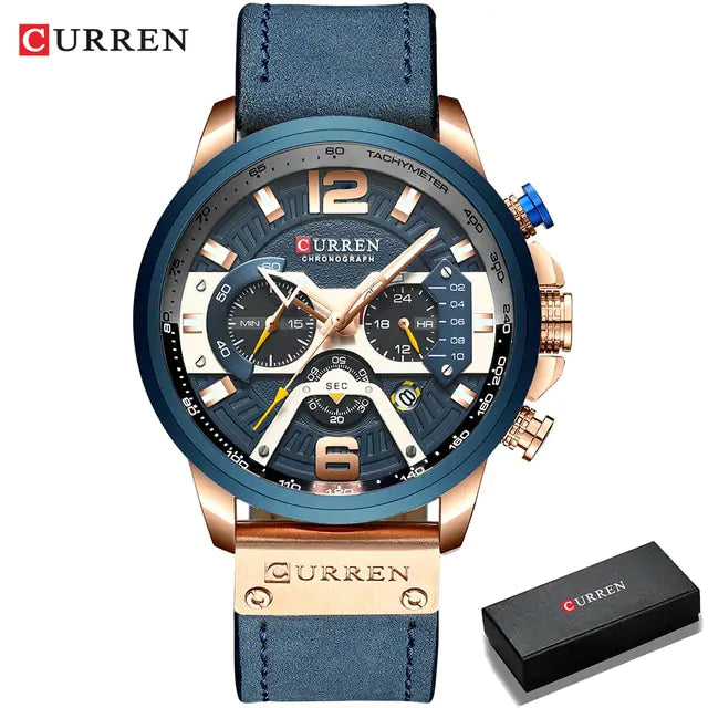 Military Leather Chronograph Wristwatch Rose Blue-Box