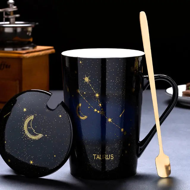 12 Constellations Creative Mugs With Spoon Taurus Black 420ml