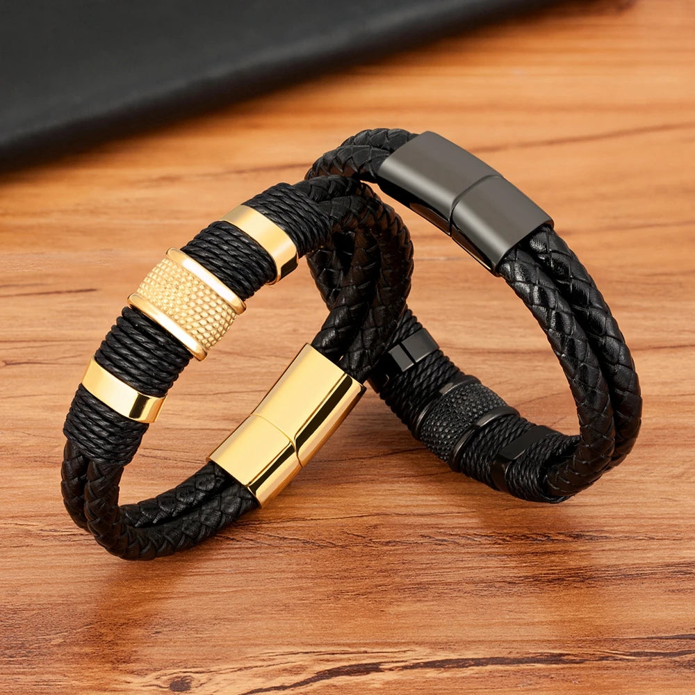 XQNI Men's Double Layer Woven Leather Bracelet