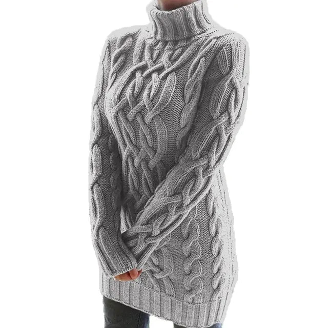 Turtleneck Twist Knitted Sweater Dress Gray XL
