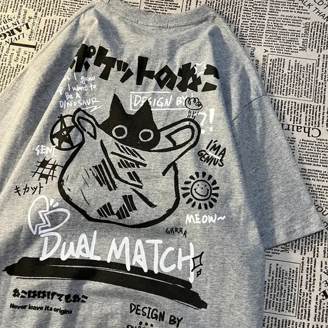 Cat Printed Summer Tee Collection Grey M