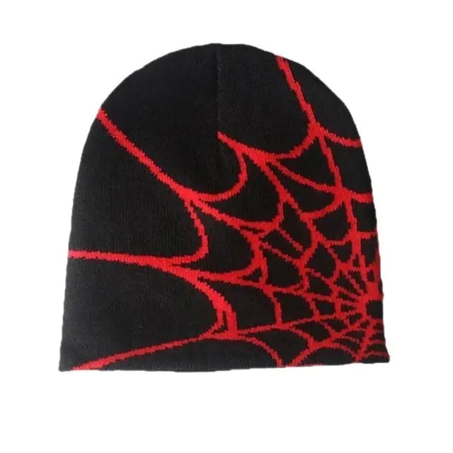 Gothic Spider Pattern Knitted Beanie Red One Size
