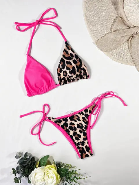 Ellolace Leopard 2 Piece Bikini Set Pink S