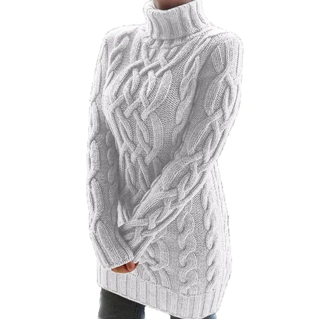 Turtleneck Twist Knitted Sweater Dress White L