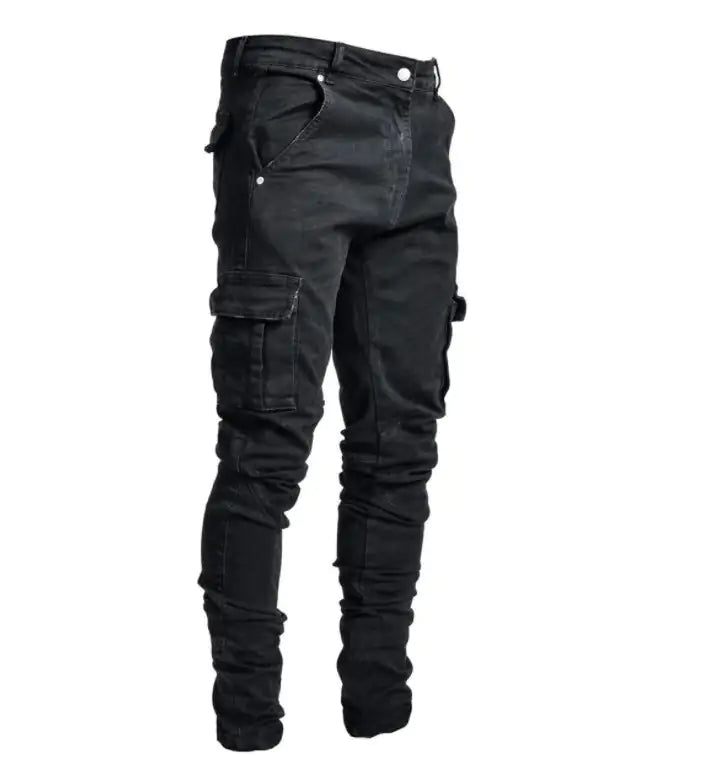 Men's Side Pockets Skinny Jeans Black 3XL