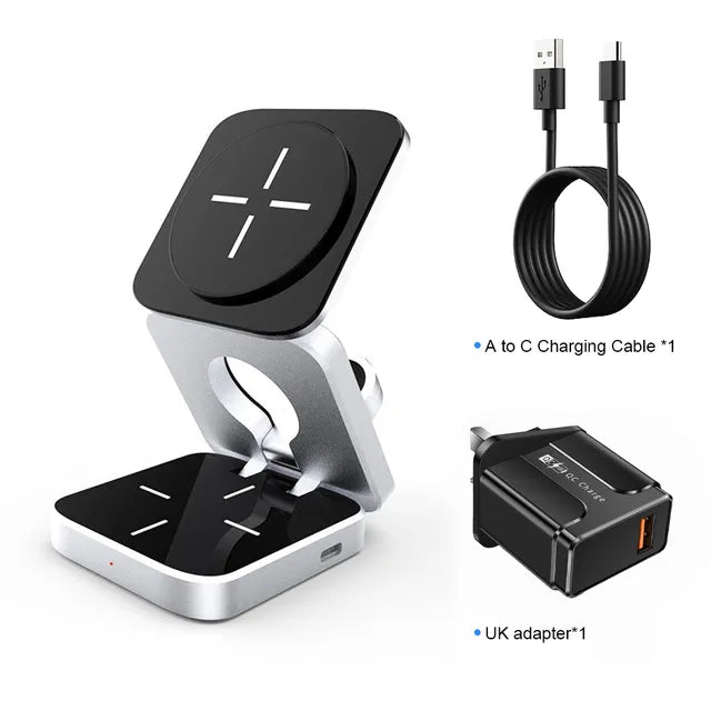 3 in 1 Wireless Charging Station Black With UK plug
