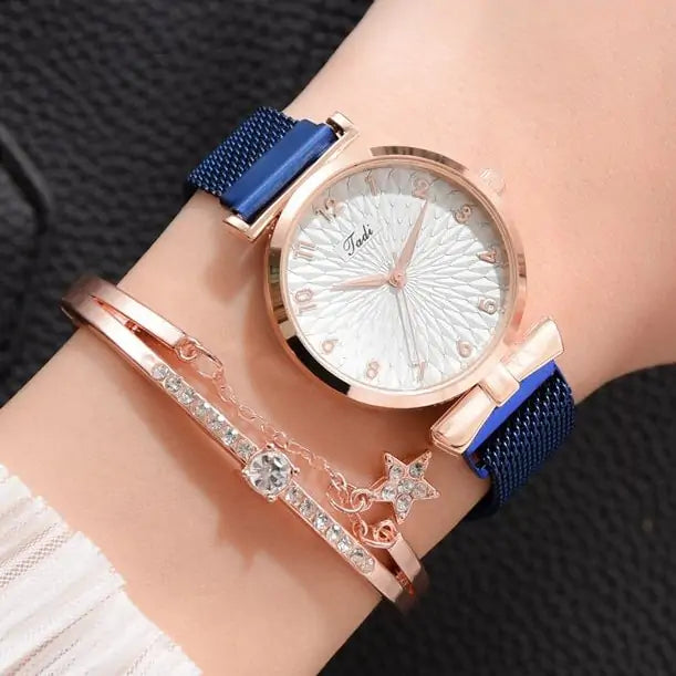 Luxury Magnetic Quartz Bracelet Watches Magnet Blue Set
