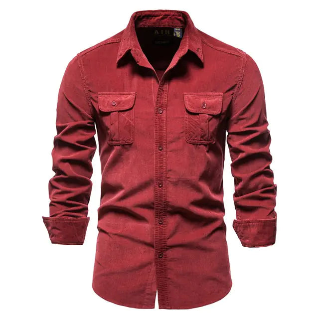Men's Business Casual Corduroy Shirt Red XXL 80-88kg