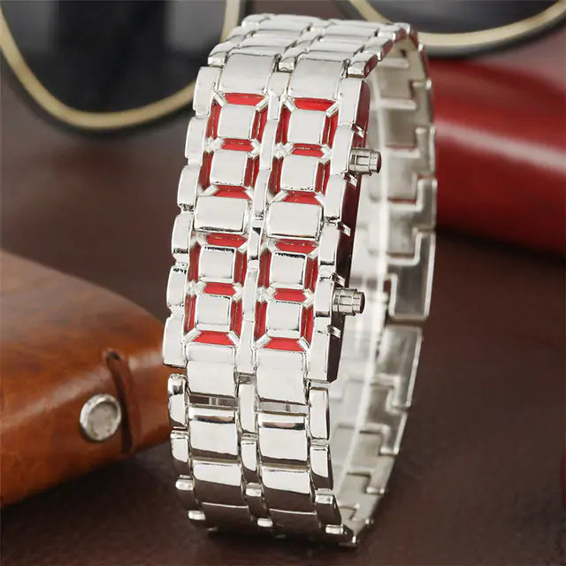 Digital Lava Wrist Watch Silver Metal Red