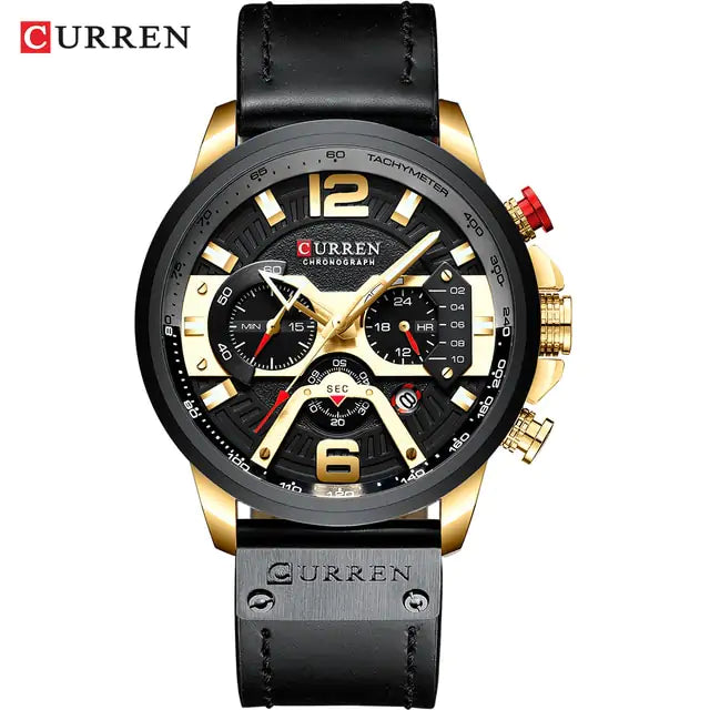 Military Leather Chronograph Wristwatch Gold Black Watch