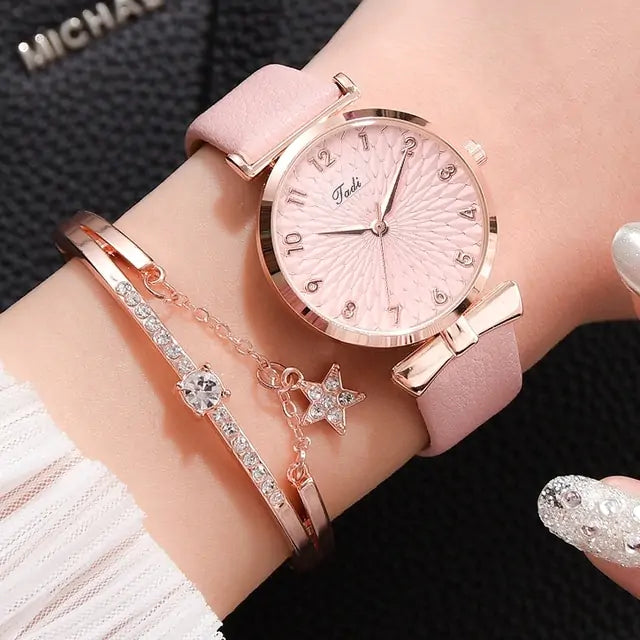 Luxury Magnetic Quartz Bracelet Watches Leather Pink Set