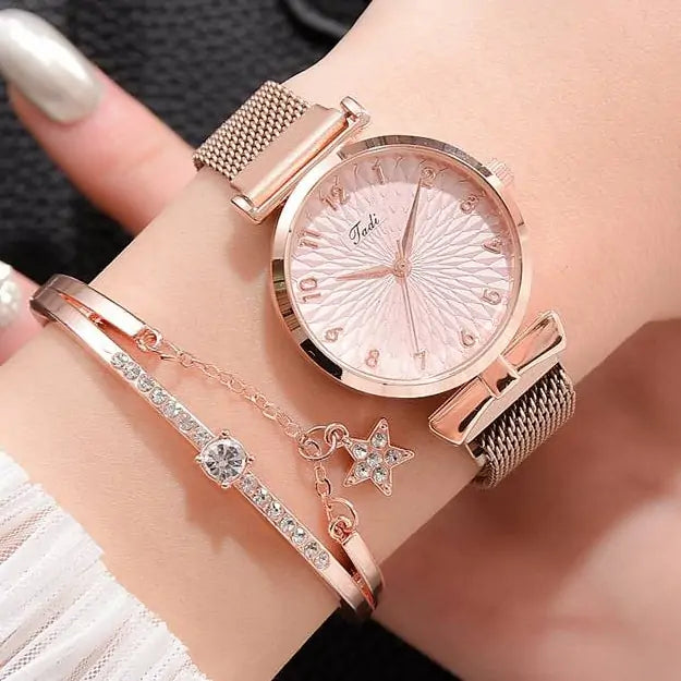 Luxury Magnetic Quartz Bracelet Watches Magnet Pink Set