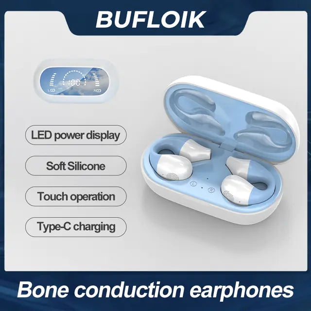 Bone Conduction Earphone Bluetooth 5.2 Ear Clip Blue LED