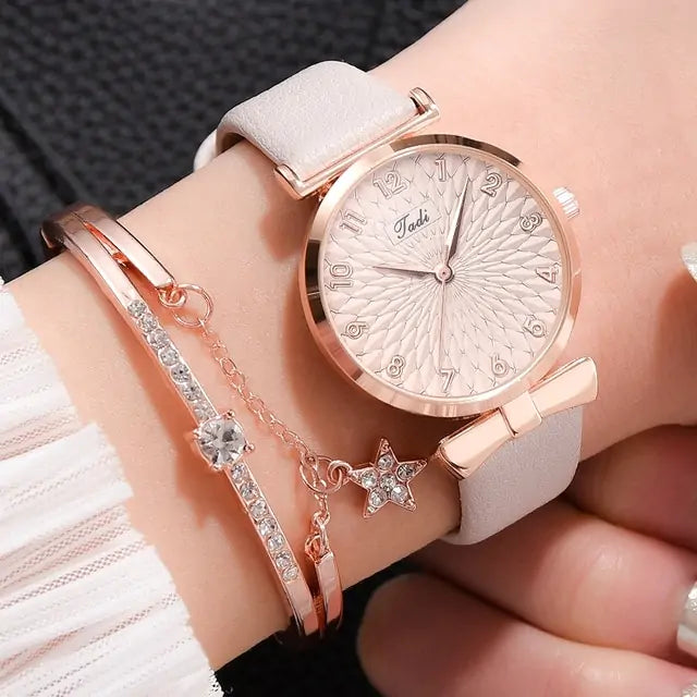 Luxury Magnetic Quartz Bracelet Watches Leather Grey Set