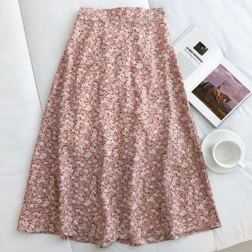 Korean Vintage Floral Slim Versatile High Waist Female Skirt Pink Length: 75CM Waist: 58CM-68CM Hip: 86CM