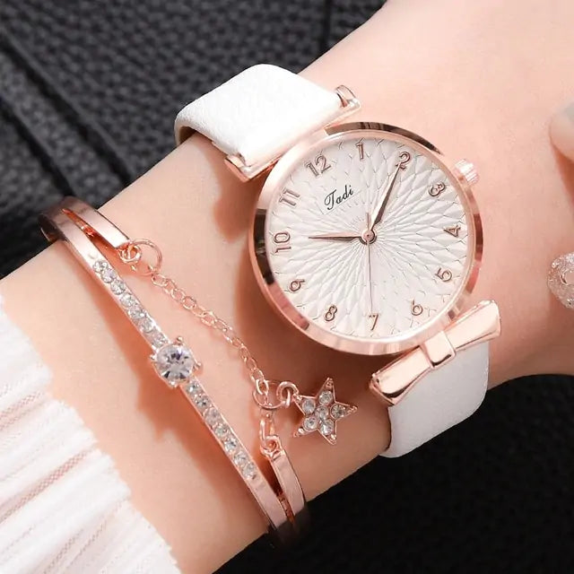 Luxury Magnetic Quartz Bracelet Watches Leather White Set