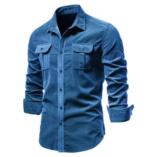 Men's Business Casual Corduroy Shirt Denim Blue M 55-65kg