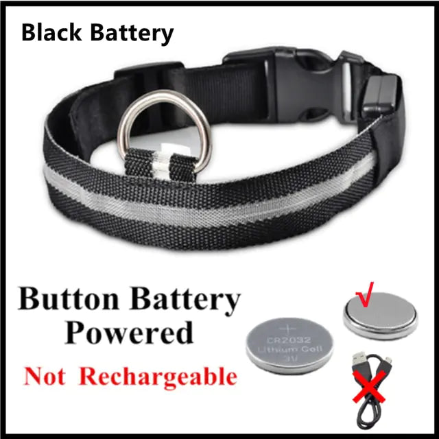 LED Glowing Adjustable Dog Collar Black Button Battery S Neck 34-41 CM