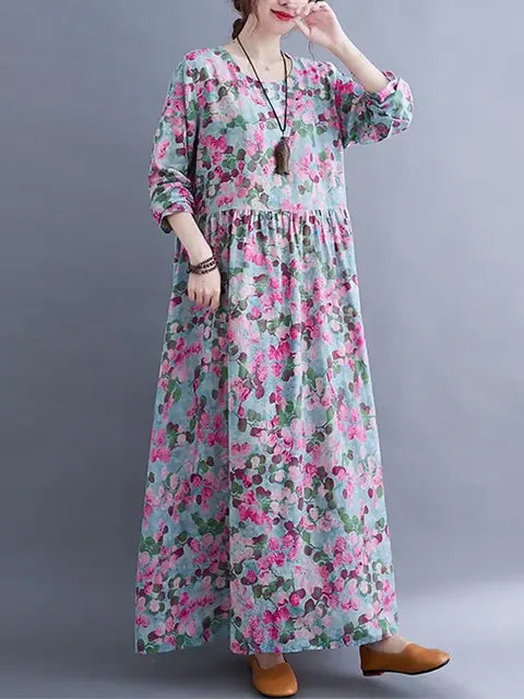 Floral Print Long Sleeve Dresses Purple XXL