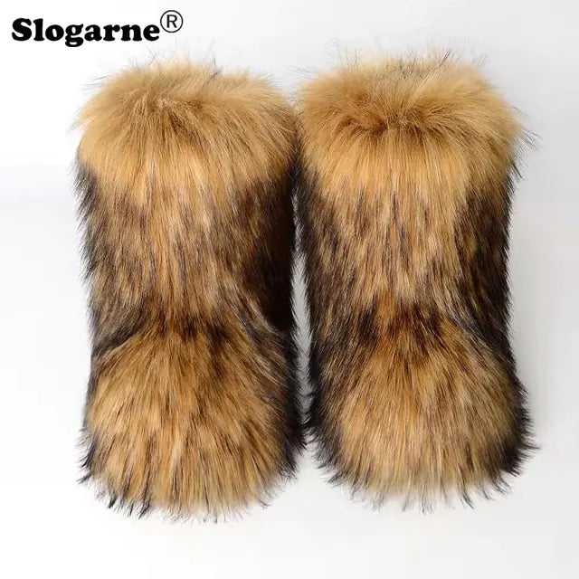 Fluffy Fox Fur Boots Brown 38