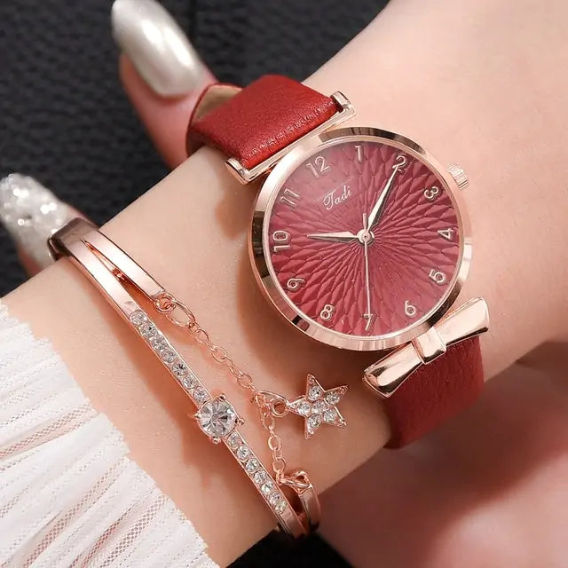 Luxury Magnetic Quartz Bracelet Watches Leather Red Set