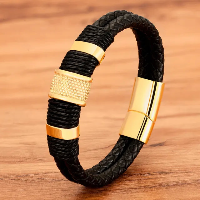 XQNI Men's Double Layer Woven Leather Bracelet Gold 19 cm