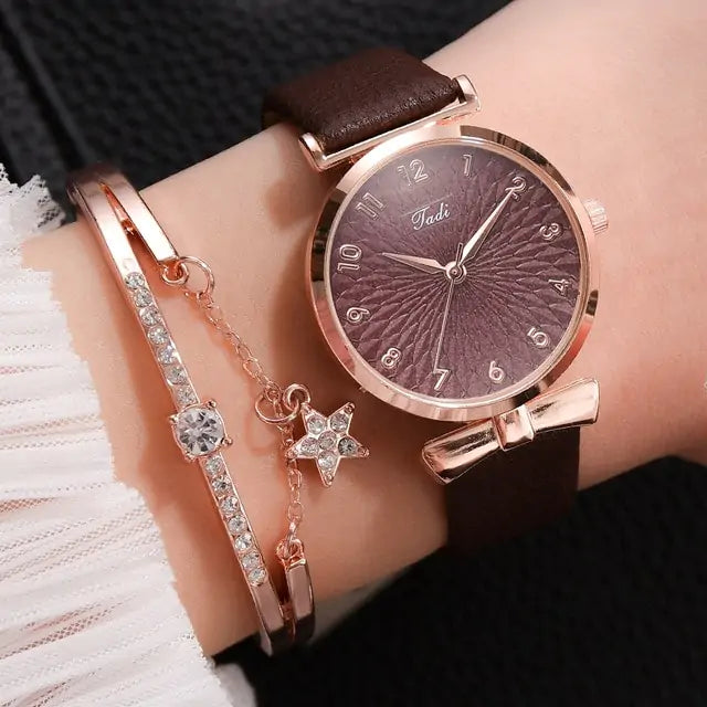 Luxury Magnetic Quartz Bracelet Watches Leather Coffe Set