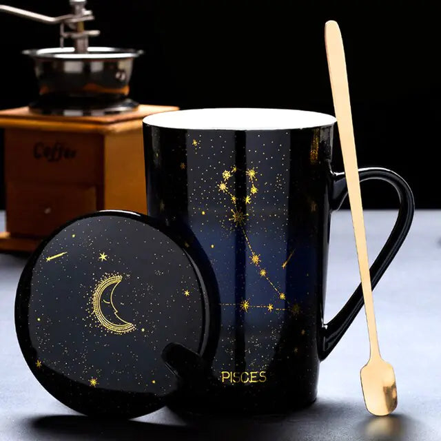 12 Constellations Creative Mugs With Spoon Pisces Black 420ml