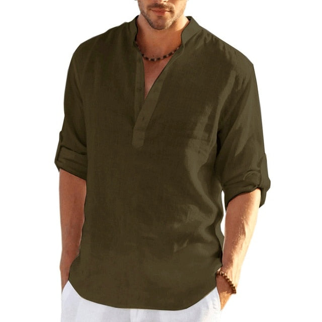Casual Linen Shirt Short Sleeve Army Green M