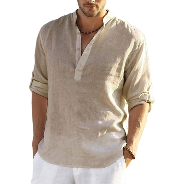 Casual Linen Shirt Short Sleeve Khaki L