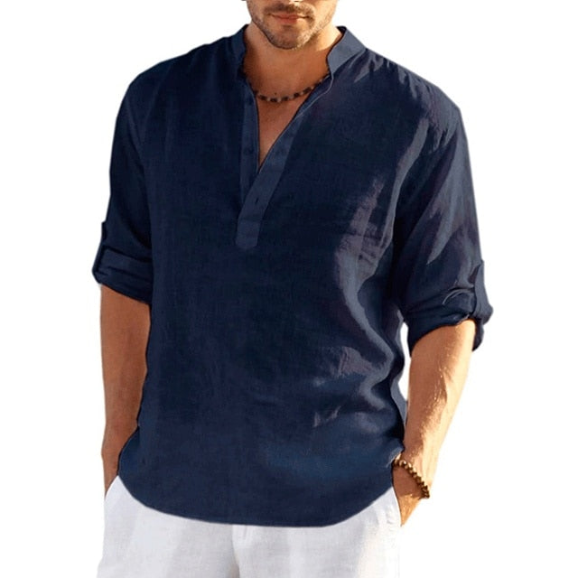 Casual Linen Shirt Short Sleeve Navy Blue XXL