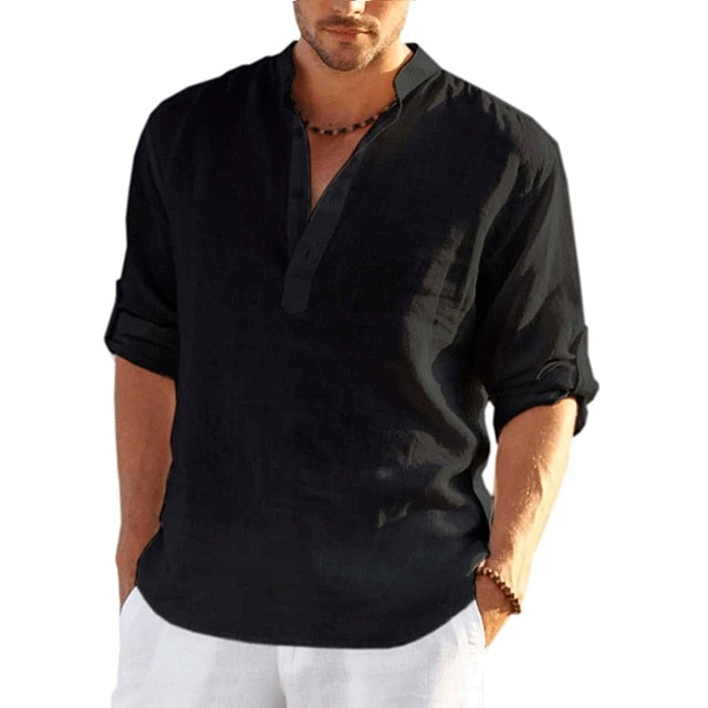 Casual Linen Shirt Short Sleeve Black L