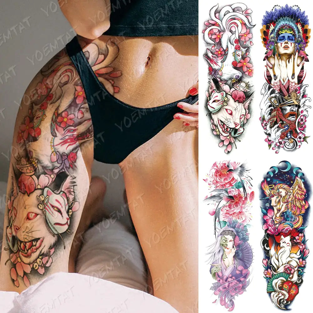 Colorful Cats and Geishas Tattoos