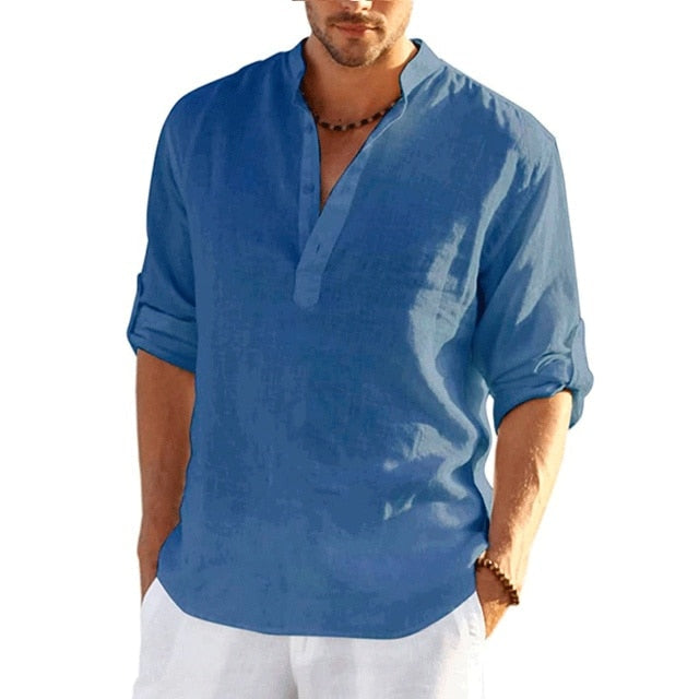 Casual Linen Shirt Short Sleeve Denim Blue XXL