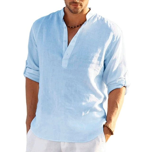 Casual Linen Shirt Short Sleeve Light Blue 5XL