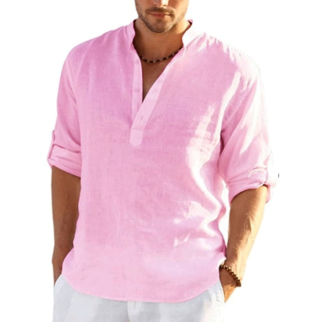 Casual Linen Shirt Short Sleeve Pink M